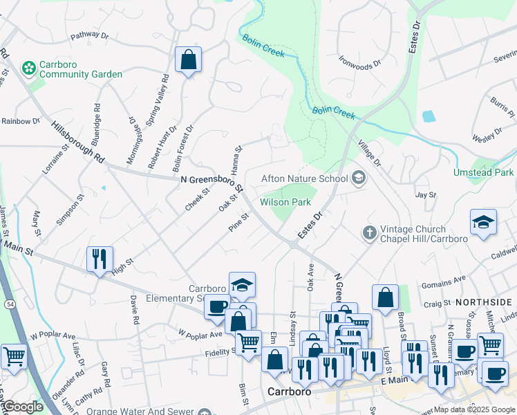 map of restaurants, bars, coffee shops, grocery stores, and more near 1102 North Greensboro Street in Carrboro