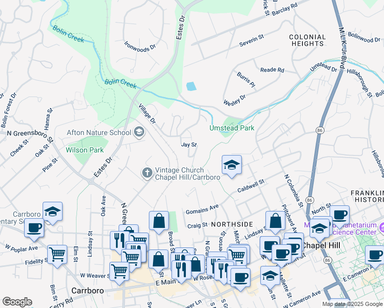 map of restaurants, bars, coffee shops, grocery stores, and more near 222A Jay Street in Chapel Hill