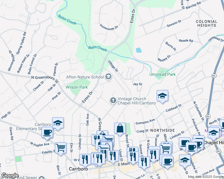 map of restaurants, bars, coffee shops, grocery stores, and more near 113 Hillview Street in Carrboro