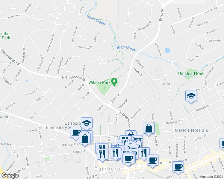 map of restaurants, bars, coffee shops, grocery stores, and more near 117 Estes Drive in Carrboro
