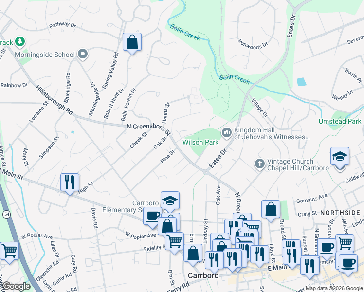 map of restaurants, bars, coffee shops, grocery stores, and more near 1102 North Greensboro Street in Carrboro
