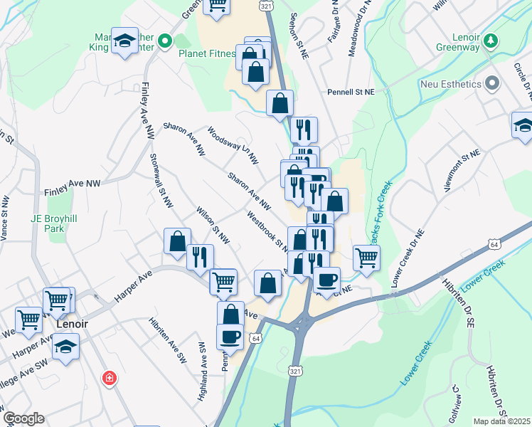 map of restaurants, bars, coffee shops, grocery stores, and more near 233 Westbrook Street Northwest in Lenoir