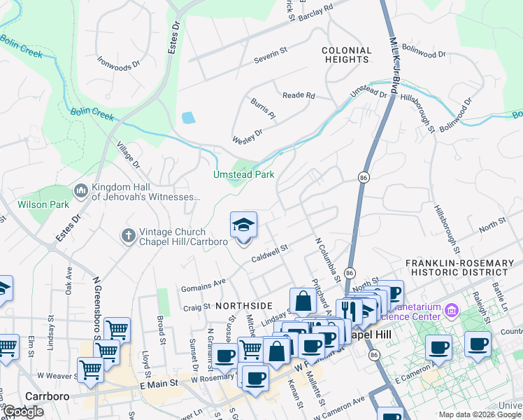 map of restaurants, bars, coffee shops, grocery stores, and more near Trinity Court in Chapel Hill