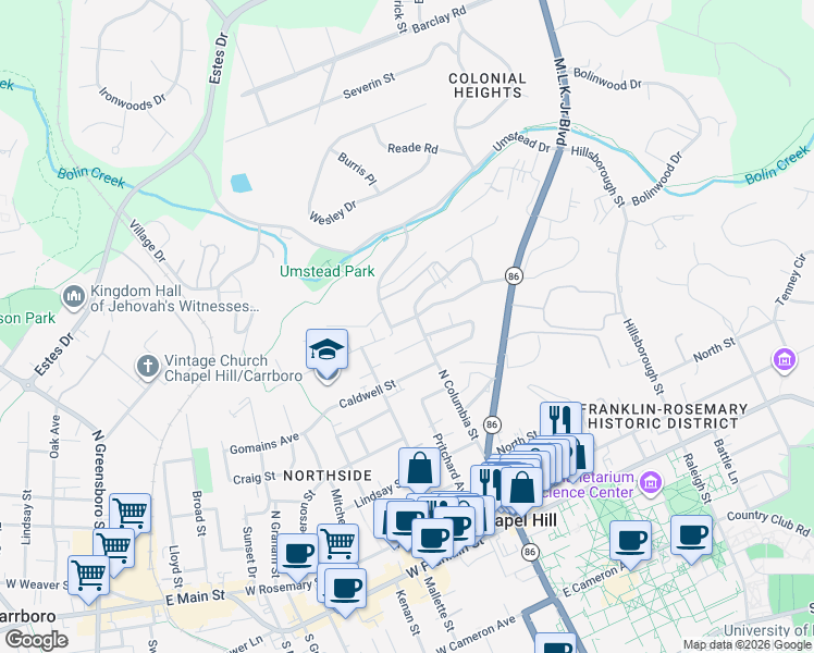 map of restaurants, bars, coffee shops, grocery stores, and more near 101 West Longview Street in Chapel Hill