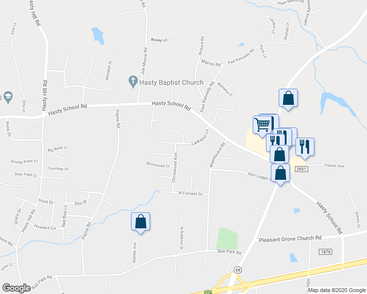 map of restaurants, bars, coffee shops, grocery stores, and more near 117 Larkspur Lane in Thomasville