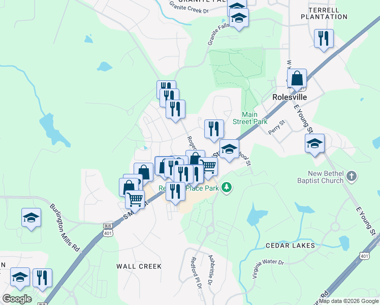 map of restaurants, bars, coffee shops, grocery stores, and more near 6600 Rogers Road in Rolesville
