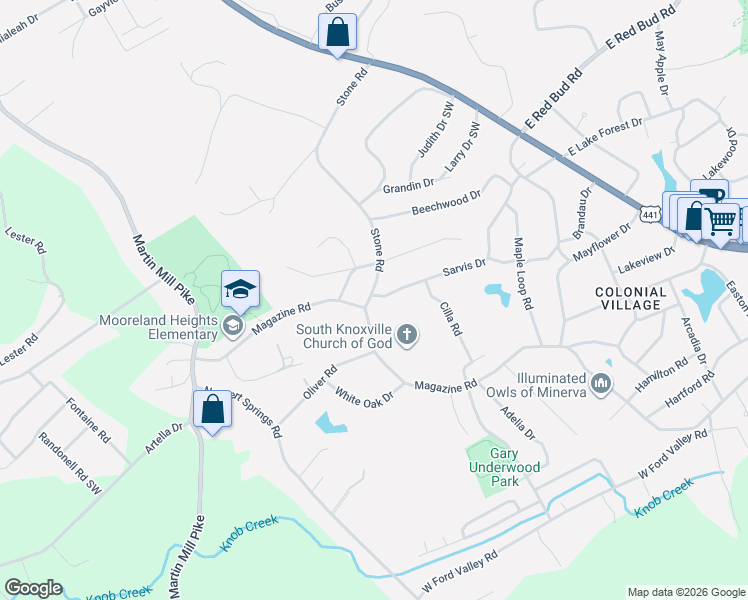 map of restaurants, bars, coffee shops, grocery stores, and more near 5601 Magazine Road in Knoxville