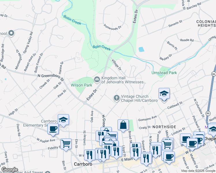 map of restaurants, bars, coffee shops, grocery stores, and more near 113 Hillview Street in Carrboro
