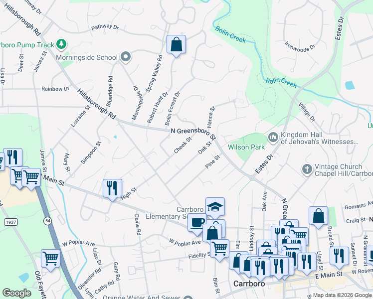 map of restaurants, bars, coffee shops, grocery stores, and more near 108 Oak Street in Carrboro