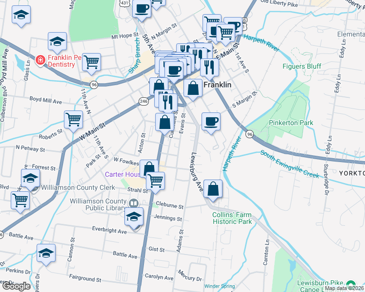 map of restaurants, bars, coffee shops, grocery stores, and more near 913 Evans Street in Franklin
