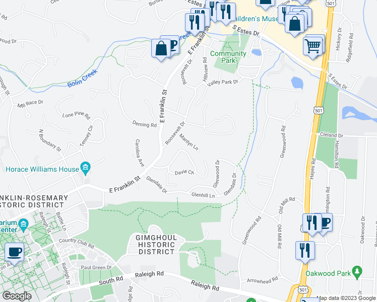 map of restaurants, bars, coffee shops, grocery stores, and more near 48 Davie Circle in Chapel Hill