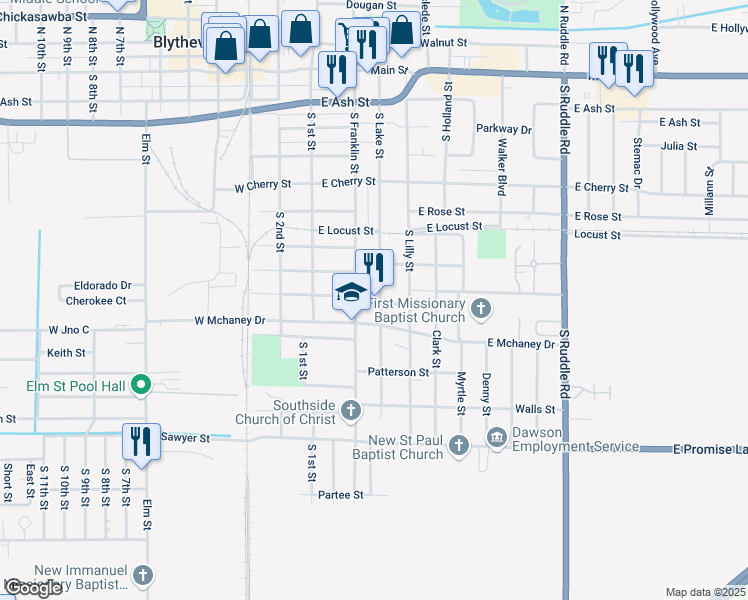 map of restaurants, bars, coffee shops, grocery stores, and more near 930 South Lake Street in Blytheville