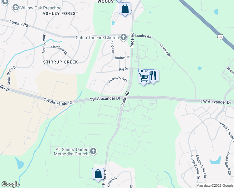 map of restaurants, bars, coffee shops, grocery stores, and more near 135 Torrey Heights Lane in Durham