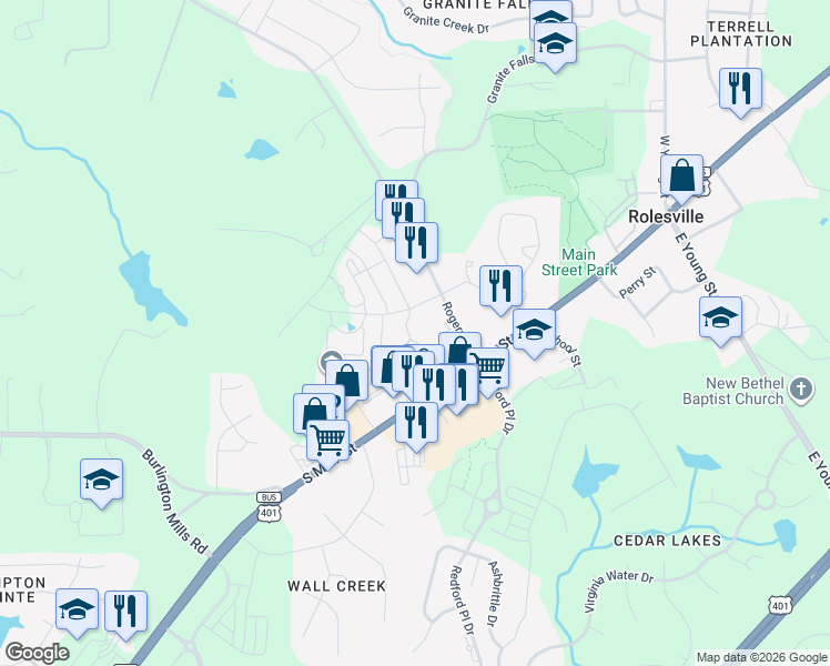 map of restaurants, bars, coffee shops, grocery stores, and more near 6600 Rogers Road in Rolesville
