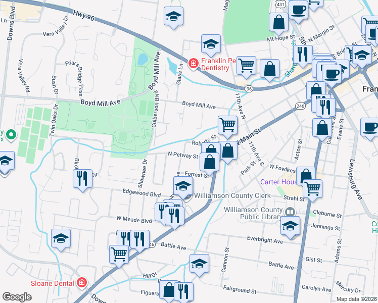 map of restaurants, bars, coffee shops, grocery stores, and more near 417 North Petway Street in Franklin