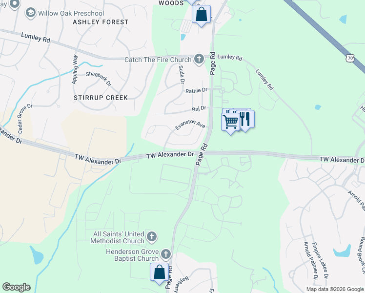 map of restaurants, bars, coffee shops, grocery stores, and more near 151 Torrey Heights Lane in Durham