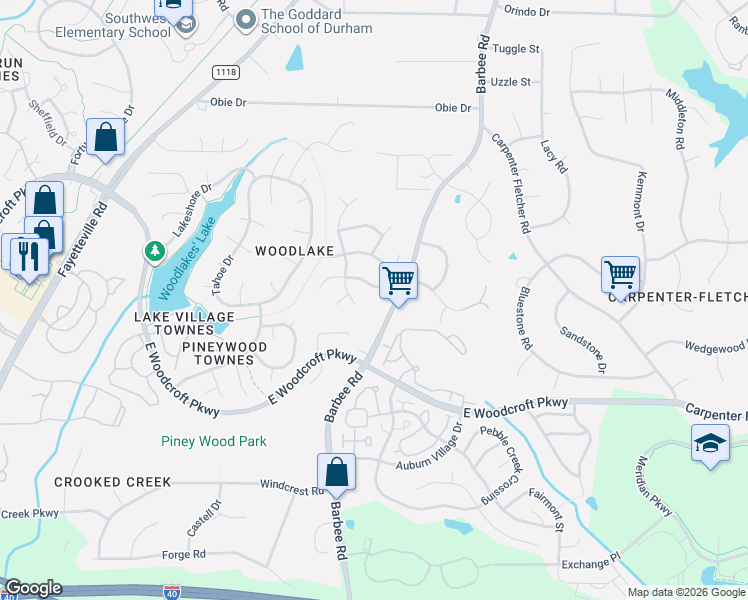 map of restaurants, bars, coffee shops, grocery stores, and more near 5748 Barbee Road in Durham