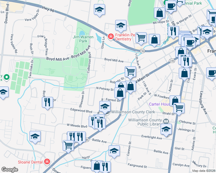map of restaurants, bars, coffee shops, grocery stores, and more near 417 North Petway Street in Franklin