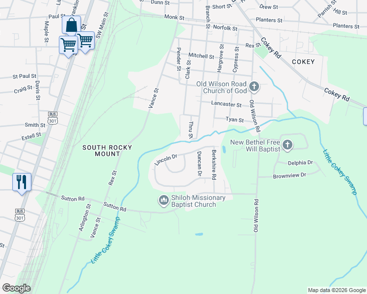 map of restaurants, bars, coffee shops, grocery stores, and more near 805 Lincoln Drive in Rocky Mount