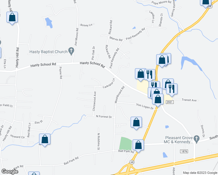 map of restaurants, bars, coffee shops, grocery stores, and more near 109 Larkspur Lane in Thomasville