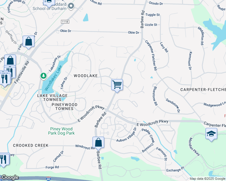 map of restaurants, bars, coffee shops, grocery stores, and more near 5 Mountain Lake Court in Durham
