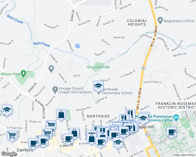 map of restaurants, bars, coffee shops, grocery stores, and more near 751 Trinity Court in Chapel Hill