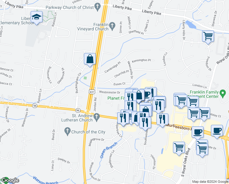 map of restaurants, bars, coffee shops, grocery stores, and more near 624A Westminster Drive in Franklin