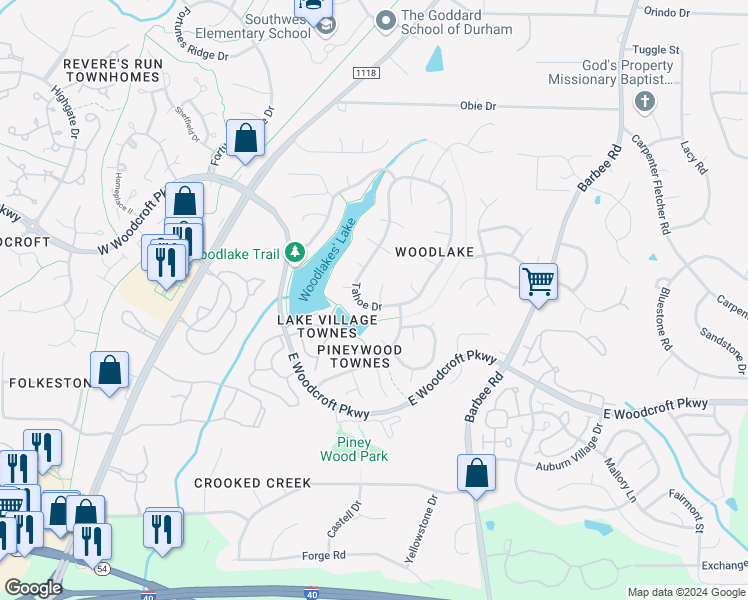 map of restaurants, bars, coffee shops, grocery stores, and more near 5208 Tahoe Drive in Durham