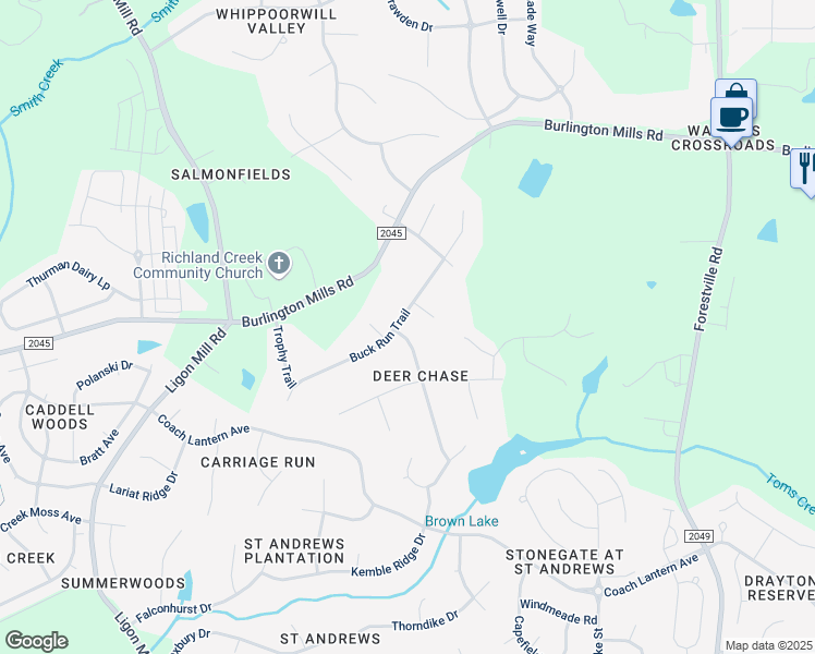 map of restaurants, bars, coffee shops, grocery stores, and more near 3340 Buck Run Trail in Wake Forest