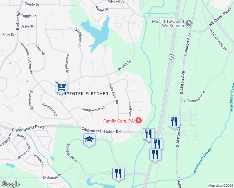 map of restaurants, bars, coffee shops, grocery stores, and more near 5719 Lake Elton Road in Durham