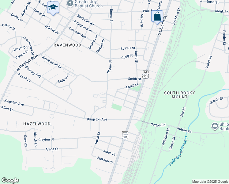 map of restaurants, bars, coffee shops, grocery stores, and more near 2102 Bailey Street in Rocky Mount