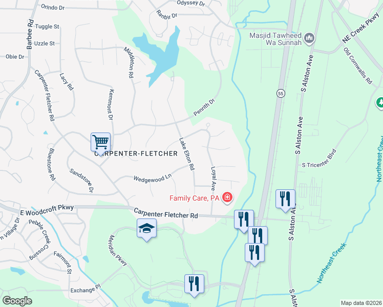 map of restaurants, bars, coffee shops, grocery stores, and more near 5719 Lake Elton Road in Durham