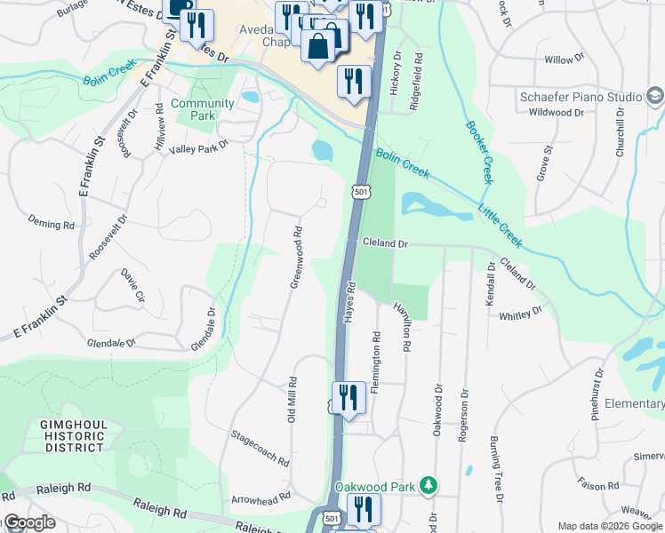 map of restaurants, bars, coffee shops, grocery stores, and more near 638A Christopher Road in Chapel Hill