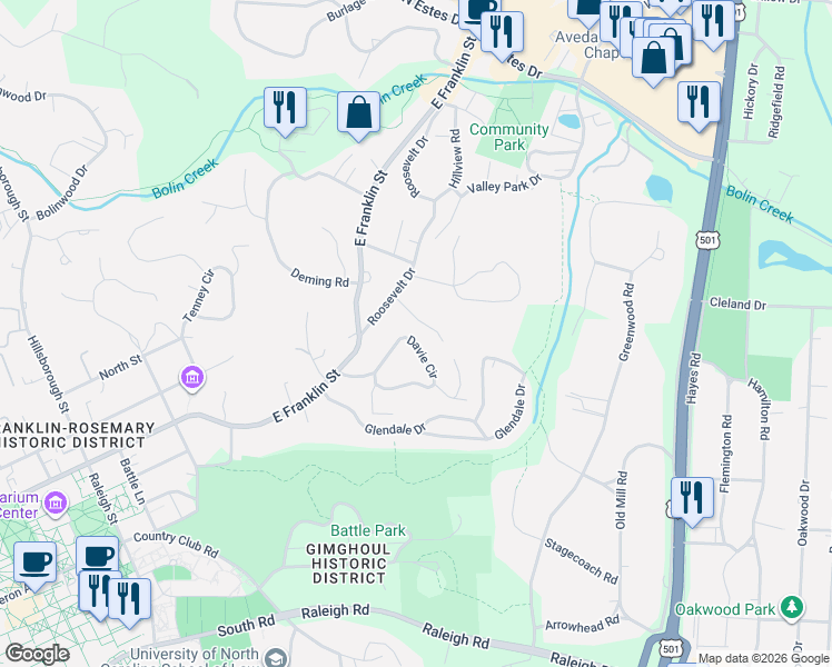map of restaurants, bars, coffee shops, grocery stores, and more near 31 Davie Circle in Chapel Hill