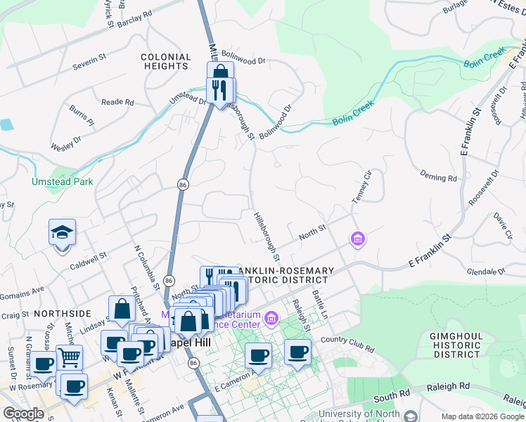 map of restaurants, bars, coffee shops, grocery stores, and more near 413A Hillsborough Street in Chapel Hill