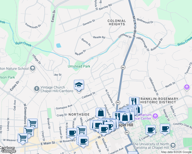 map of restaurants, bars, coffee shops, grocery stores, and more near 118 Stinson Street Extension in Chapel Hill