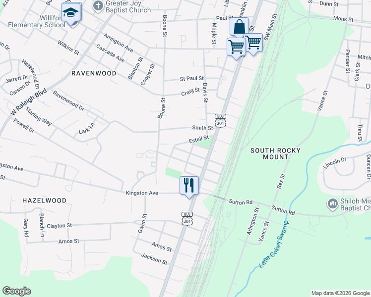 map of restaurants, bars, coffee shops, grocery stores, and more near 322 Cedar Street in Rocky Mount