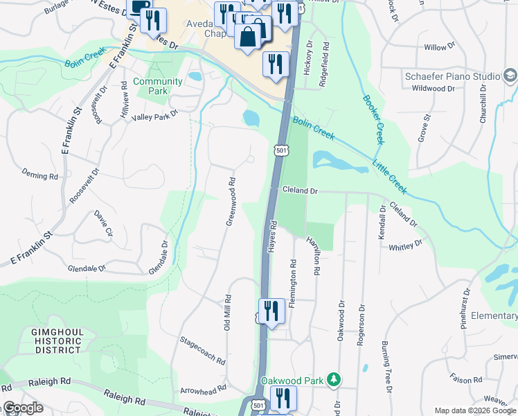 map of restaurants, bars, coffee shops, grocery stores, and more near 638A Christopher Road in Chapel Hill