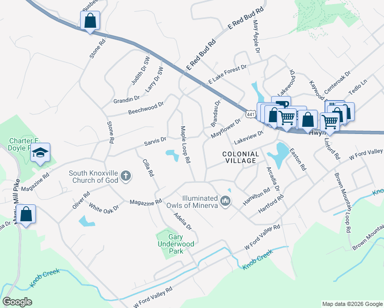 map of restaurants, bars, coffee shops, grocery stores, and more near 315 Mayflower Drive in Knoxville