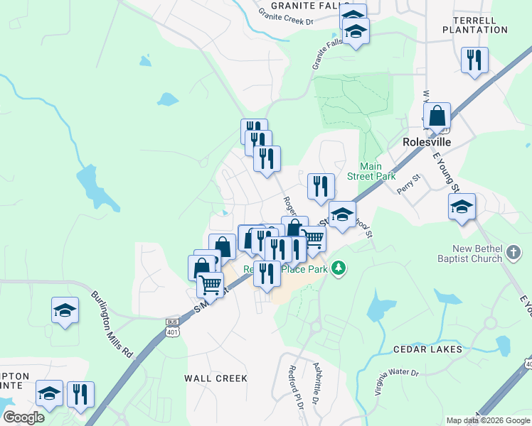 map of restaurants, bars, coffee shops, grocery stores, and more near 6600 Rogers Road in Rolesville