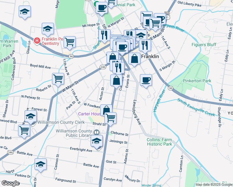 map of restaurants, bars, coffee shops, grocery stores, and more near 813 Columbia Avenue in Franklin