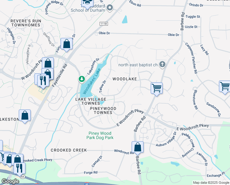 map of restaurants, bars, coffee shops, grocery stores, and more near 6004 Tahoe Drive in Durham