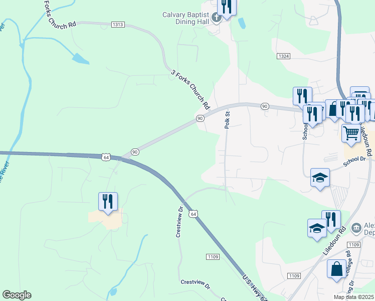 map of restaurants, bars, coffee shops, grocery stores, and more near 1398 North Carolina 90 in Taylorsville