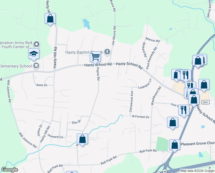 map of restaurants, bars, coffee shops, grocery stores, and more near 606 Hasty School Road in Thomasville