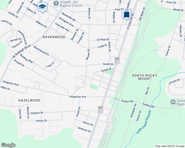 map of restaurants, bars, coffee shops, grocery stores, and more near 2102 Bailey Street in Rocky Mount