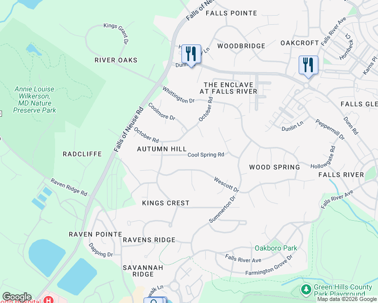 map of restaurants, bars, coffee shops, grocery stores, and more near 1416 October Road in Raleigh