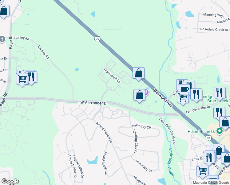 map of restaurants, bars, coffee shops, grocery stores, and more near 2500 Friedland Place in Raleigh