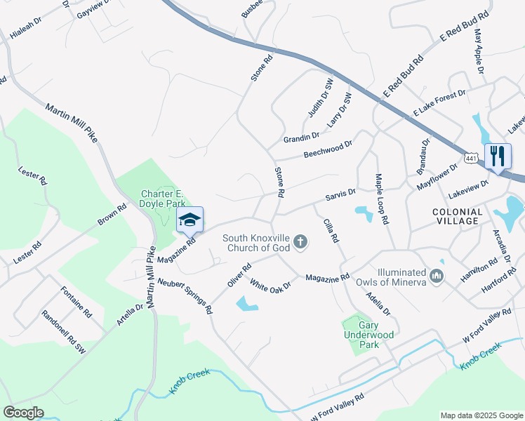 map of restaurants, bars, coffee shops, grocery stores, and more near 5417 Stoneoak Lane in Knoxville