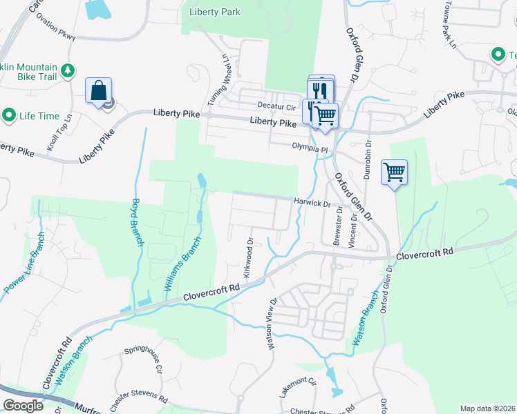 map of restaurants, bars, coffee shops, grocery stores, and more near 1035 Harwick Drive in Franklin