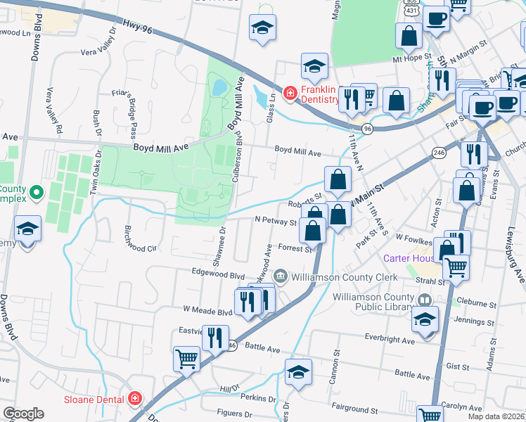 map of restaurants, bars, coffee shops, grocery stores, and more near 432 Roberts Street in Franklin